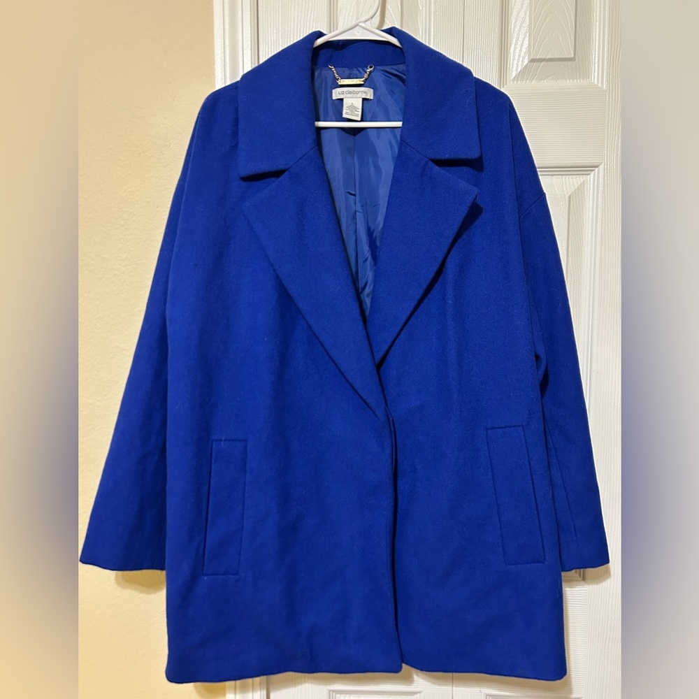 Liz Claiborne Womens Large Royal Blue Single Button Wool Blend Pea Coat